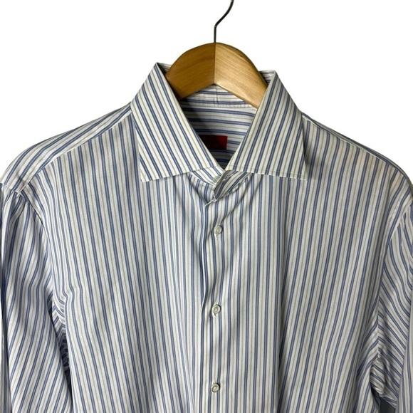 Isaia Striped Button Down Men’s Dress Shirt Blue White Size 17 (43) - Picture 2 of 7